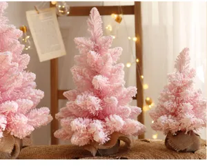 Roze mini kerstbomen tafelmodel bevlokte dennenbomen met jute voet feestdagen decor
