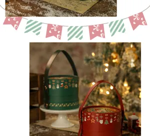 Detailansicht runder Weihnachtsgeschenkboxen mit Ledergriffen und festlicher Dekoration.