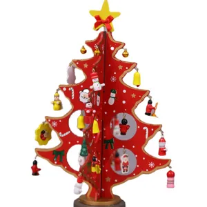 Wooden Christmas tree tabletop decoration with cute hanging ornaments festive holiday decor gift
