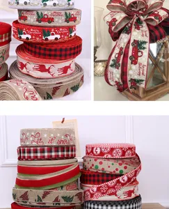 Nastro decorativo di Natale in iuta con camioncino rosso e quadri per pacchi regalo.
