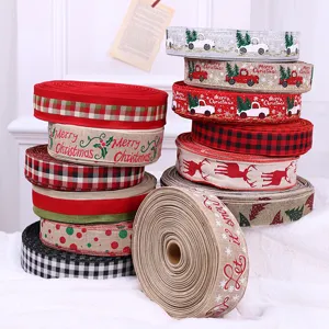 Nastro di Iuta di Natale Stampato Renna Fiocco di Neve Quadretti Rotolo di Nastro in Tessuto per Regalo Festa Casa
