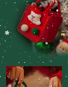Christmas red felt gift bag detail showing cute Santa Claus face decor and festive holiday design.