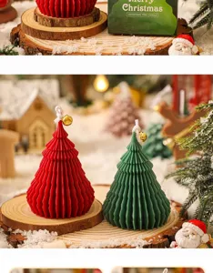 Detailed view of exquisite Christmas tree shaped candles on wooden slices for festive decor setting.
