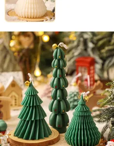 Christmas tree scented candle detail shot, perfect desktop holiday decor for festive winter vibe.