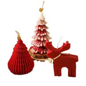 Christmas tree and reindeer scented candles set, cute desktop holiday decor gifts for home.