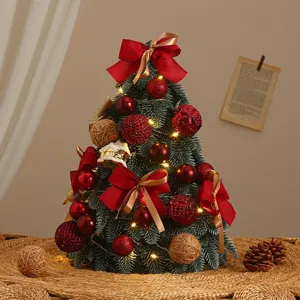 Mini table top Christmas tree with red bows balls lights DIY holiday desktop decor home