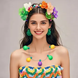 LED light bulb necklace and carnival party jewelry set with floral headband and earrings.