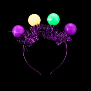 LED Karneval leuchtender Haarreif mit violettem Lametta und bunten Kugeln für Party.