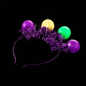 LED leuchtender Karneval Haarreif mit bunten leuchtenden Kugeln und violettem Lametta Party Detail.
