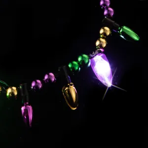Close up detail of colorful glowing plastic beads and LED bulb pendants for carnival party.