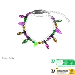 Mardi Gras colorful beaded bracelet with bulb charms, perfect holiday party jewelry item for festival