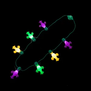 Mardi Gras LED light-up necklace with colorful Fleur-de-lis pendants for party celebration.