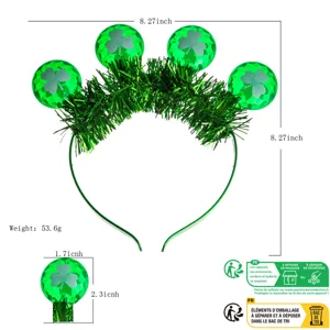 St. Patrick's Day green tinsel glowing headband with shamrock balls, light up hair accessory.