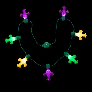Mardi Gras LED light necklace with colorful Fleur-de-lis flashing bulbs for festive party props.