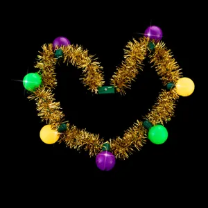 Mardi Gras LED tinsel necklace with colorful flashing light bulbs for holiday party events.