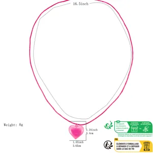 Detailed dimension view of pink LED glowing heart pendant necklace, showing exact size and weight specs.