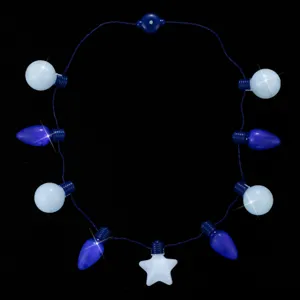 LED light up necklace detail view, glowing bulb pendants with star charm on dark cord.