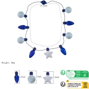 Hanukkah LED light string necklace with blue bulb and star charms, party accessory glow necklace.