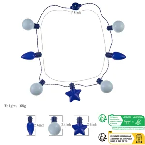 Details of Hanukkah LED light-up necklace with bulb and star pendants, size and weight specs.