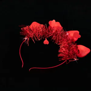 Valentine red heart LED glowing headband with tinsel for holiday party decoration