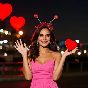 Valentine's red glowing tinsel headband with spring heart antennas for party dress up and concerts.