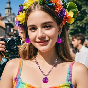 Colorful carnival party spherical earrings and matching necklace set for fun night club events.