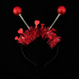 Red heart tinsel headband with spring glitter balls for Valentine party costume dress up