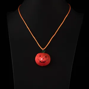 Halloween LED glowing pumpkin pendant necklace with orange cord, party costume accessory