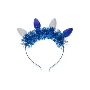 Blauer Lametta-Haarreif mit dekorativen Glühbirnen für Chanukka Party, festliches Accessoire.