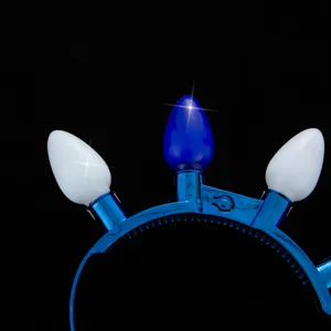LED light up bulb headband detail shot, blue festive party flashing hair hoop display.