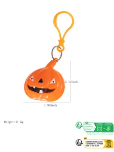 Vista di dettaglio del portachiavi zucca luminosa di Halloween con dimensioni e peso esatti.