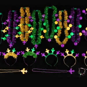 Mardi Gras LED Light Up Necklace Carnival Party Tinsel Garland Fleur-de-lis Bead Chain Costume Props Festive Headband Jewelry