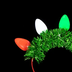 Christmas tinsel headband with colorful light bulb decorations, festive hair hoop for women.
