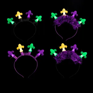 Mardi Gras LED light-up headband detail view, colorful flashing festival hair accessory.