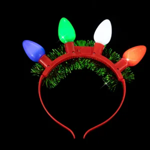 Christmas light up LED bulb headband with green tinsel holiday party festive hair accessory.