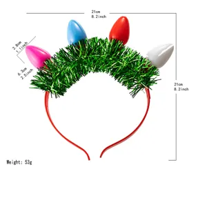 Christmas tinsel headband with colorful light bulb charms, festive hair accessory.