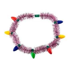 Detailed shot of Christmas pink tinsel light-up necklace with colorful glowing bulbs.