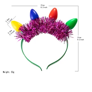 Christmas light bulb headband with pink tinsel fringe, festive party hair hoop accessories