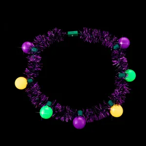 LED glowing carnival tinsel necklace with multi-colored round bulbs for party holiday decor detail view