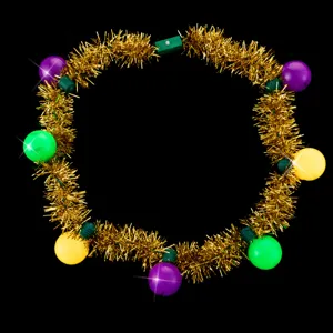 Detailed view of the LED light-up Mardi Gras tinsel necklace with colorful round glowing bulbs.