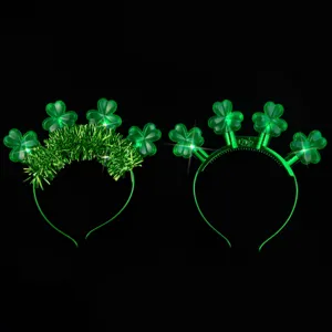LED Glowing St. Patrick's Day Headband Three-Leaf Clover Hairband Green Glitter Tinsel Headpiece Party Favors For Unisex Adults