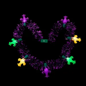 LED Mardi Gras light up tinsel necklace with colorful fleur-de-lis bulbs for party decoration.