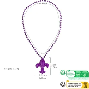 Carnival purple bead necklace with decorative fleur-de-lis pendant and detailed size specs.