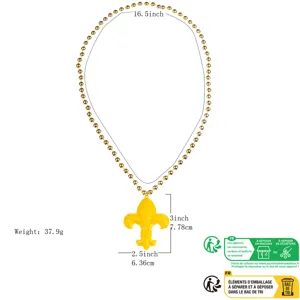 Gold beaded Mardi Gras necklace with yellow fleur de lis pendant detail view and size info.
