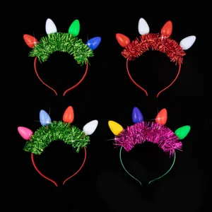 Christmas Light Up Bulb Headband Glow Large C9 Bulbs Tinsel Hair Hoop Festival Party Headpiece Unisex Decorative Accessories
