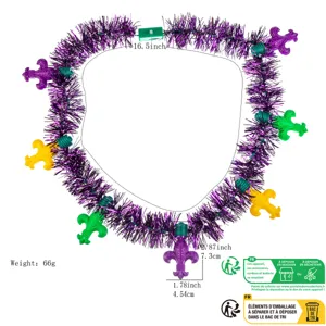 Detail view of the Mardi Gras LED tinsel necklace showing key dimensions and lighting structure.