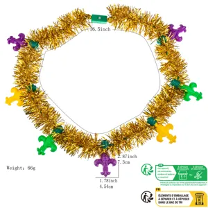 Mardi Gras LED light up tinsel necklace with green purple fleur de lis carnival party props
