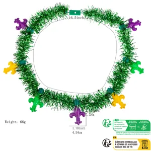 Mardi Gras LED tinsel necklace detail view showing dimensions and light features for party.