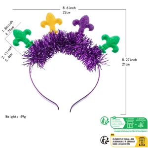Product dimension detail of purple tinsel Mardi Gras party headband with festive fleur-de-lis accents.