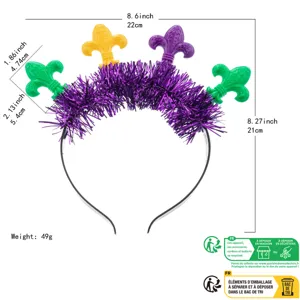 Mardi Gras tinsel headband festival party costume accessory with green and purple fleur-de-lis.